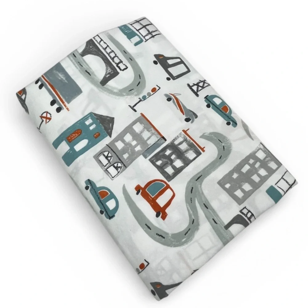PB Kids Organic City Twin Flat Sheet - White, Gray, Orange, Blue